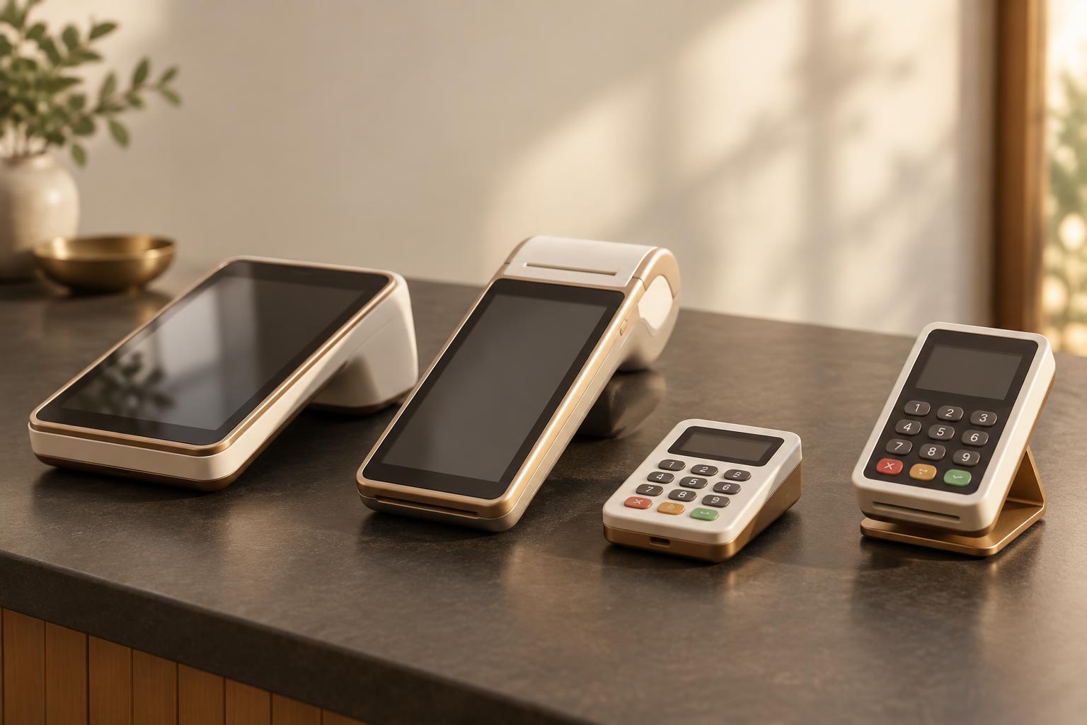 A countertop terminal, a handheld terminal, a pocket card reader and a PIN pad laid out together