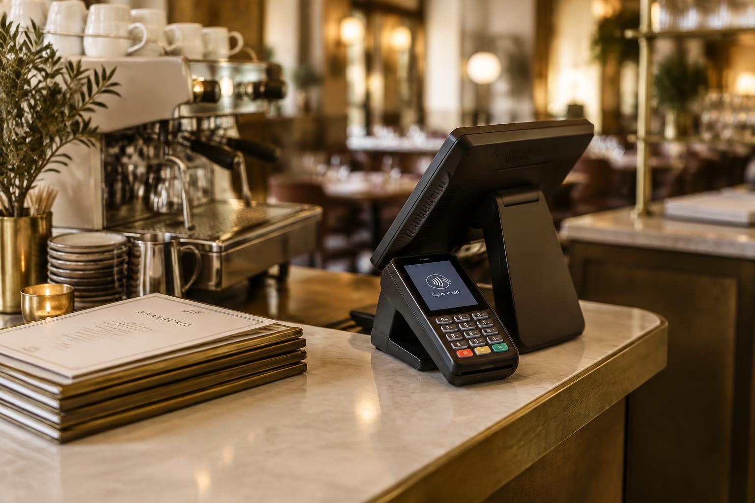 A card terminal and point-of-sale screen on a restaurant pass during service