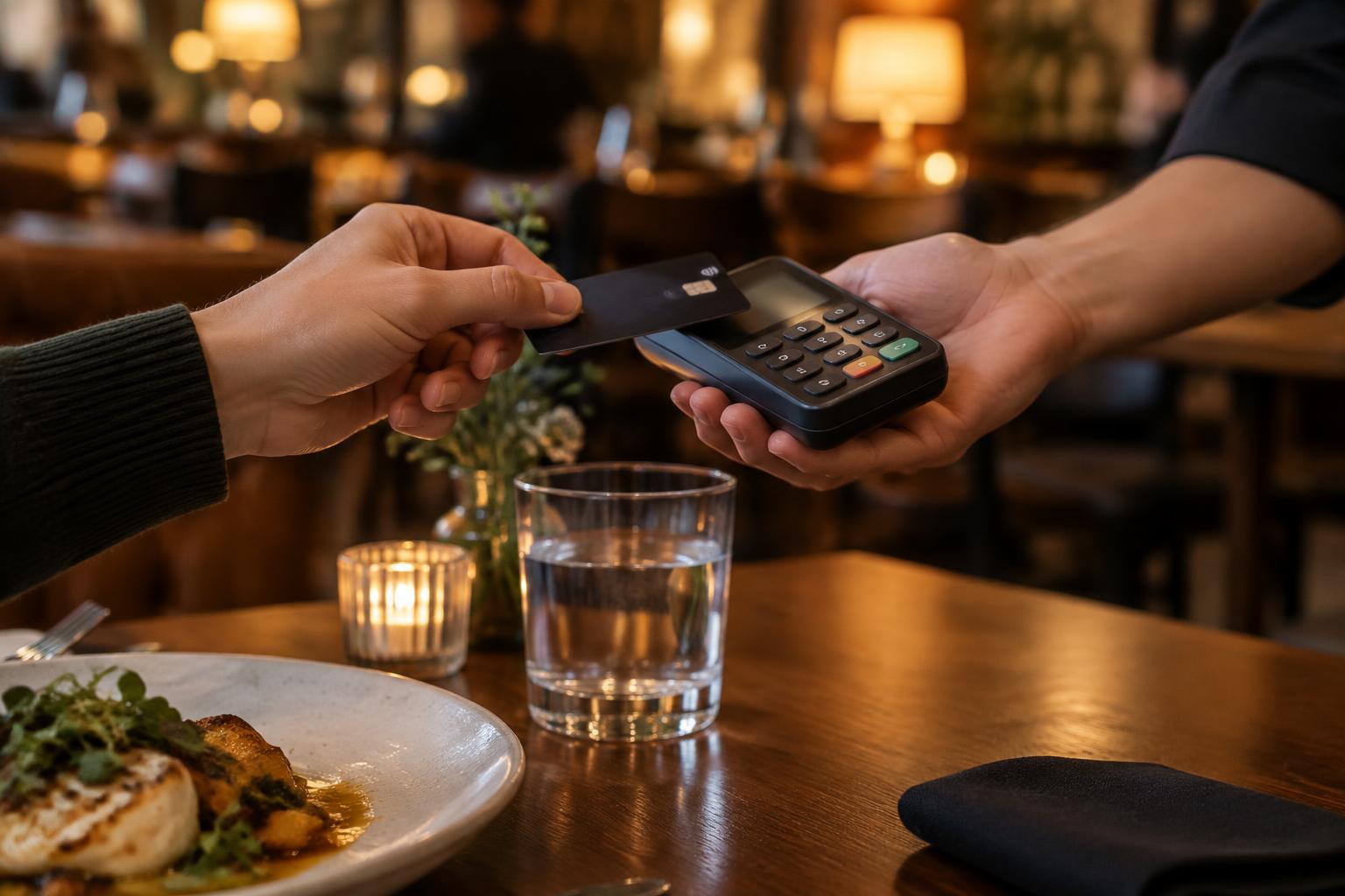 A guest paying at the table with a handheld card reader