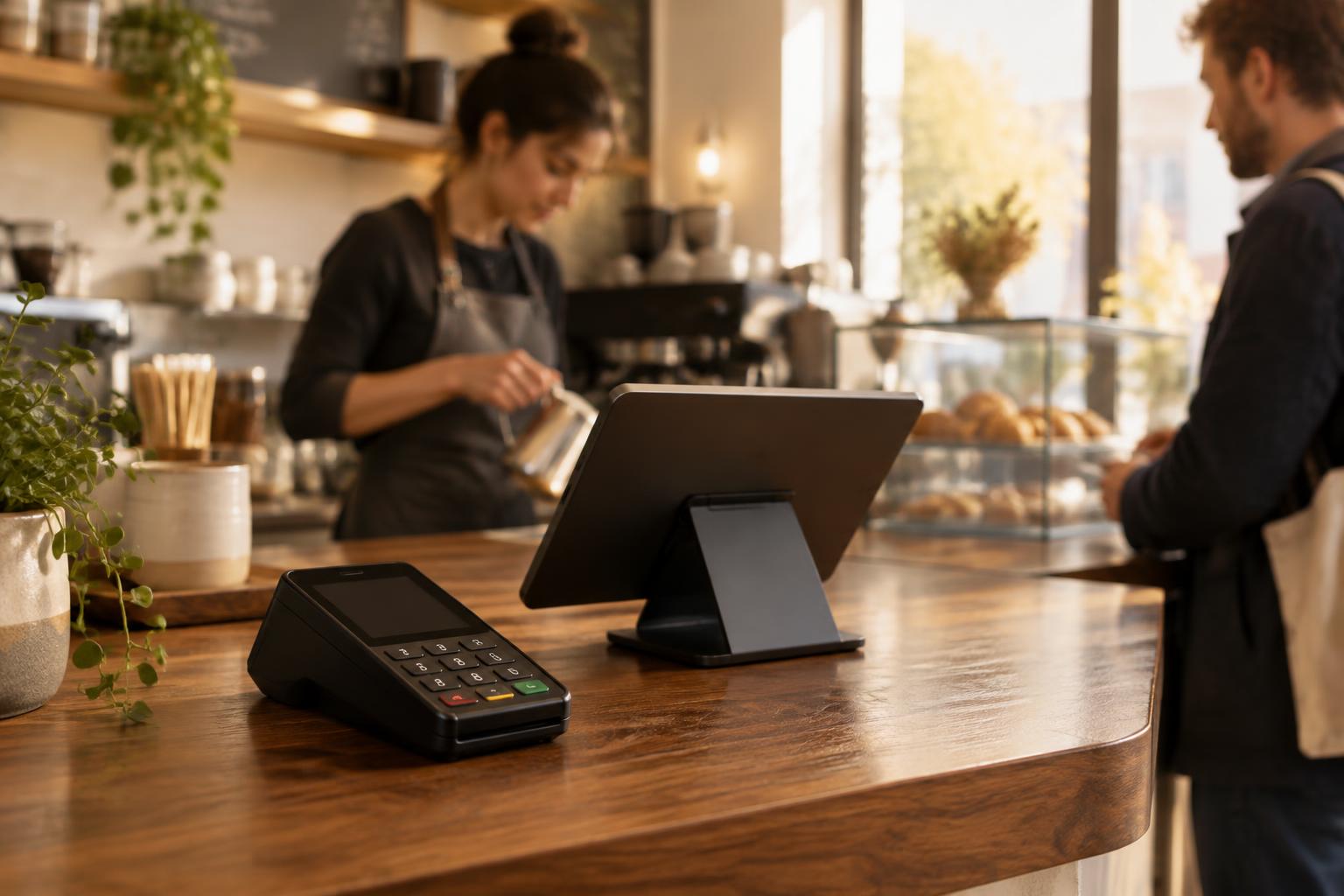 A card terminal and point-of-sale tablet on the counter of a small coffee shop
