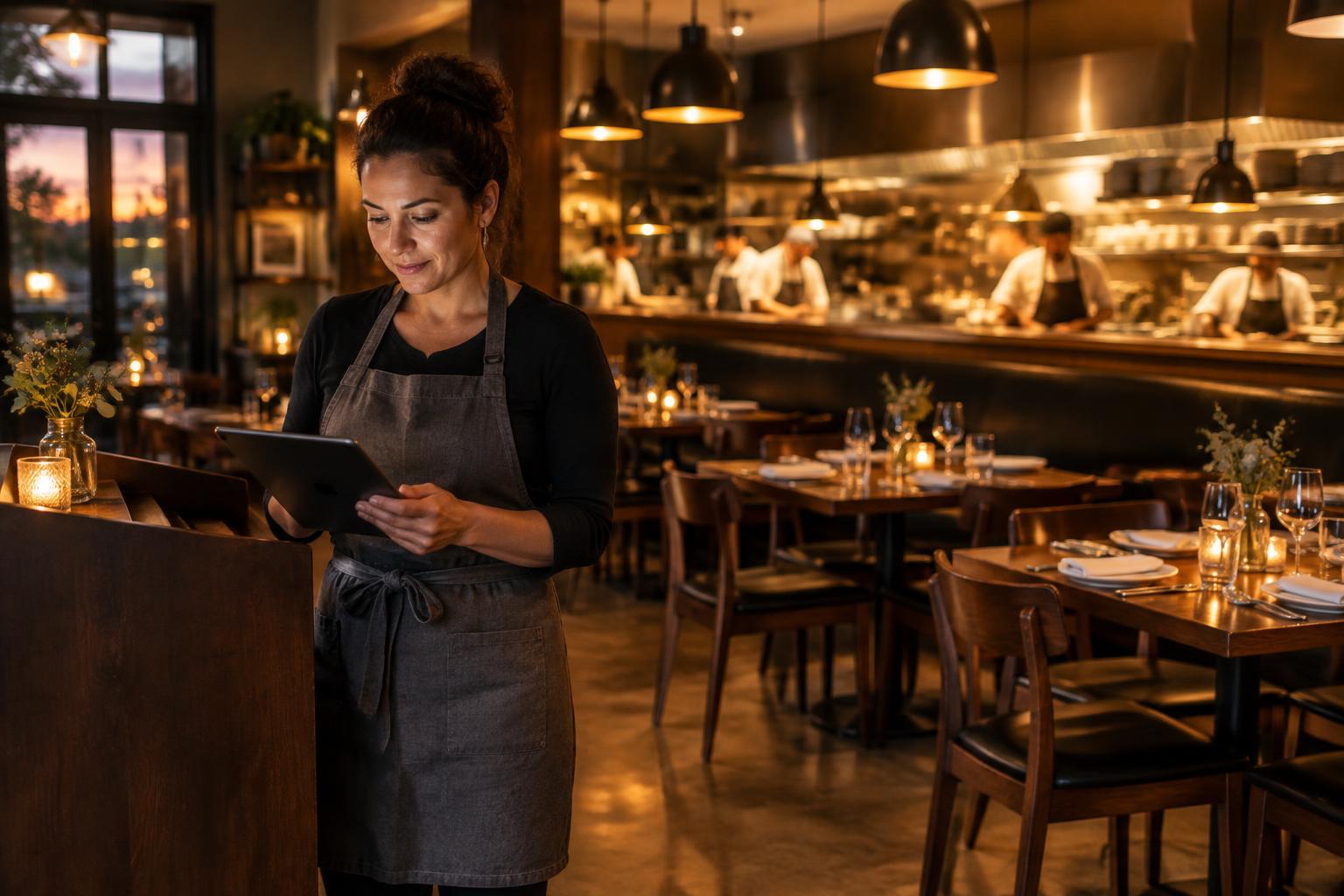A restaurant owner looking at a tablet near the host stand of her dining room at dusk