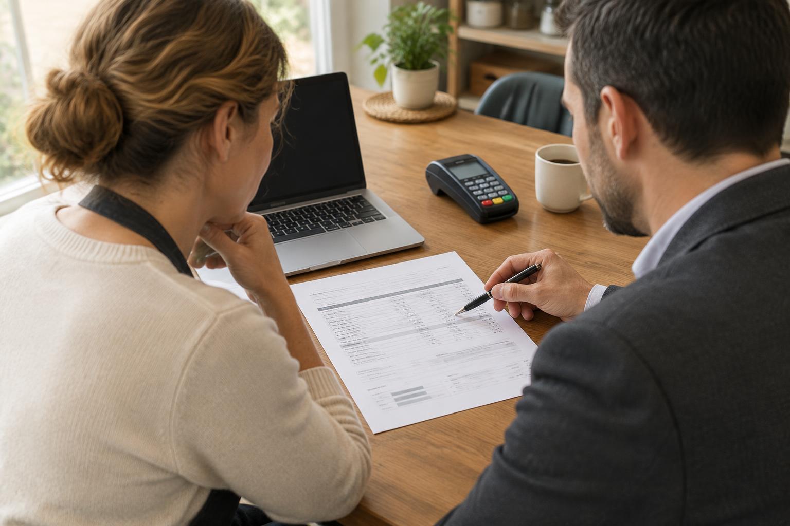 A business owner reviewing a processing statement with a payment consultant